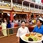 **

A vibrant cruise ship deck scene, showing people enjoying various activities. Include a buffet overflowing with diverse food options (Chinese, Western, Indian, Japanese). Emphasize the entertainment with a glimpse of a Broadway-style performance stage in the background. Focus on a joyful, energetic atmosphere.

**