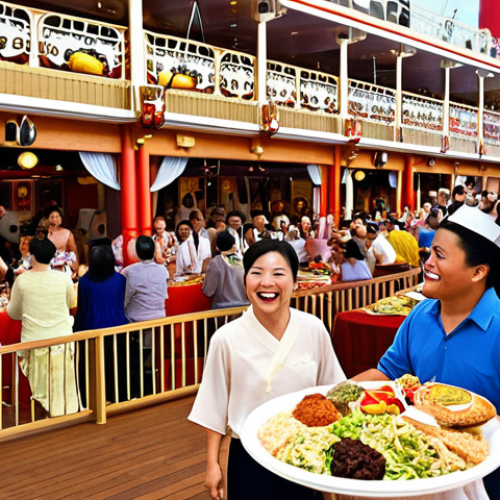 **

A vibrant cruise ship deck scene, showing people enjoying various activities. Include a buffet overflowing with diverse food options (Chinese, Western, Indian, Japanese). Emphasize the entertainment with a glimpse of a Broadway-style performance stage in the background. Focus on a joyful, energetic atmosphere.

**
