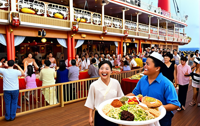 **

A vibrant cruise ship deck scene, showing people enjoying various activities. Include a buffet overflowing with diverse food options (Chinese, Western, Indian, Japanese). Emphasize the entertainment with a glimpse of a Broadway-style performance stage in the background. Focus on a joyful, energetic atmosphere.

**