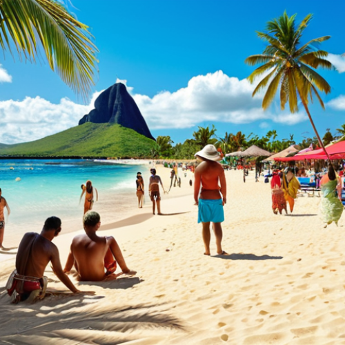 **

"Mauritius tourism revival, sunny beach scene with happy tourists, luxury hotel in background, showcasing cultural diversity, vibrant colors, promotional poster style."

**