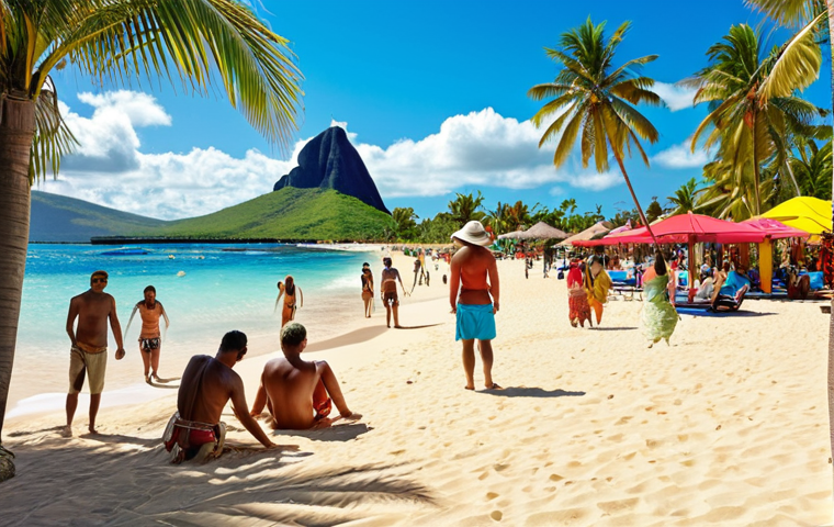 **

"Mauritius tourism revival, sunny beach scene with happy tourists, luxury hotel in background, showcasing cultural diversity, vibrant colors, promotional poster style."

**