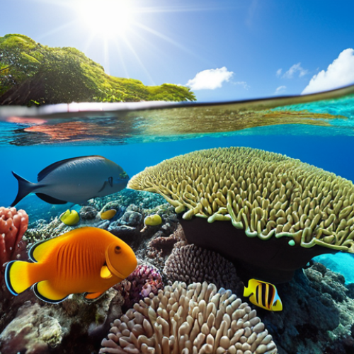 **

A vibrant coral reef scene in Mauritius. Focus on colorful corals, diverse fish species like parrotfish and clownfish, and clear, sunlit water.  Show a sense of underwater wonder and the beauty of a healthy coral ecosystem.  Reference Flic en Flac as the location inspiration.

**