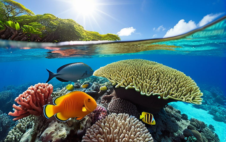 **

A vibrant coral reef scene in Mauritius. Focus on colorful corals, diverse fish species like parrotfish and clownfish, and clear, sunlit water.  Show a sense of underwater wonder and the beauty of a healthy coral ecosystem.  Reference Flic en Flac as the location inspiration.

**