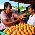 A lively market scene in Mauritius, bathed in warm sunlight. An elderly Mauritian woman, with a radiant smile and engaging eyes, converses animatedly with a younger customer amidst a colorful display of tropical fruits. Her gestures imply a mix of fluent Mauritian Creole for warmth and simple English for description, embodying the island's unique everyday multilingualism and genuine local hospitality. Vibrant, detailed, natural light.