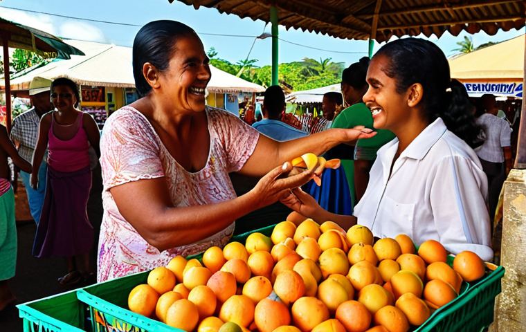 A lively market scene in Mauritius, bathed in warm sunlight. An elderly Mauritian woman, with a radiant smile and engaging eyes, converses animatedly with a younger customer amidst a colorful display of tropical fruits. Her gestures imply a mix of fluent Mauritian Creole for warmth and simple English for description, embodying the island's unique everyday multilingualism and genuine local hospitality. Vibrant, detailed, natural light.